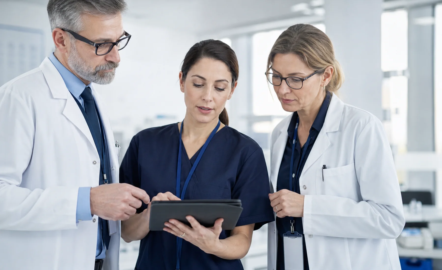 Lekarze i koordynator analizujący protokół badania klinicznego
